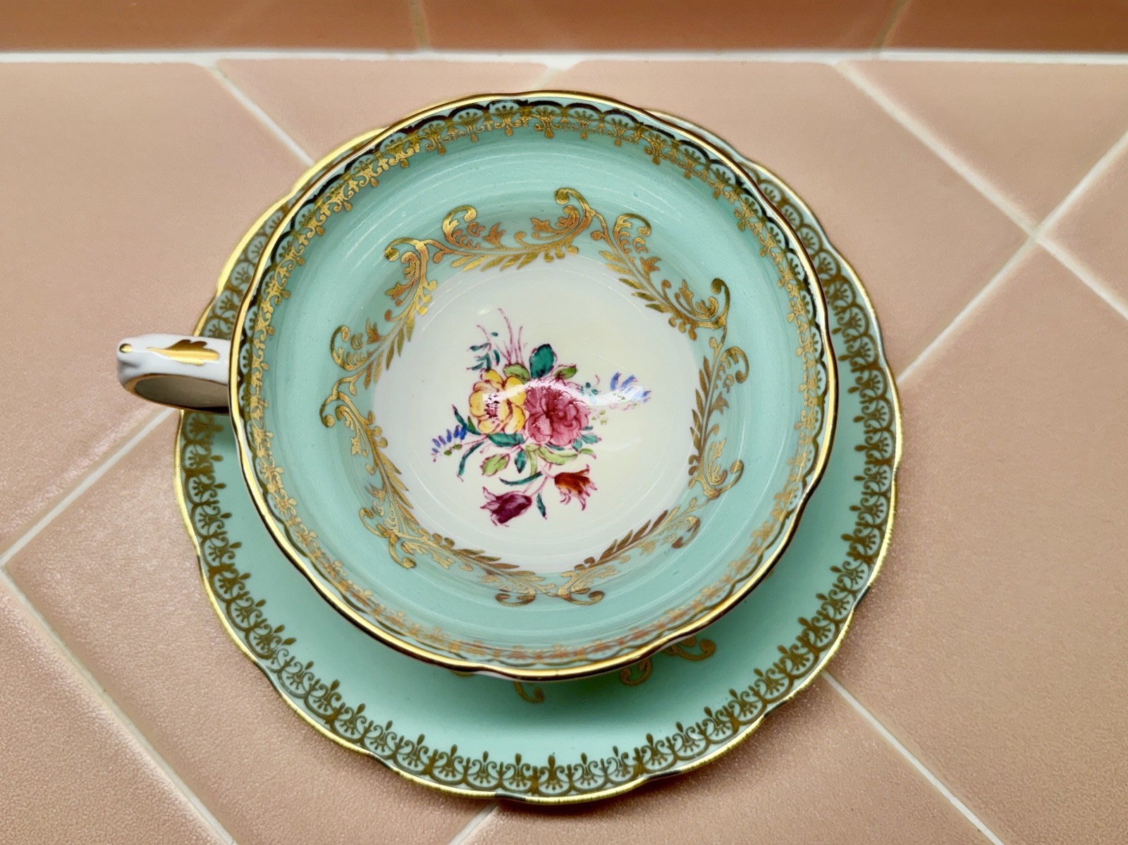 Vintage c. 1930s Grosvenor China England Turquoise Gold Floral Teacup & Saucer