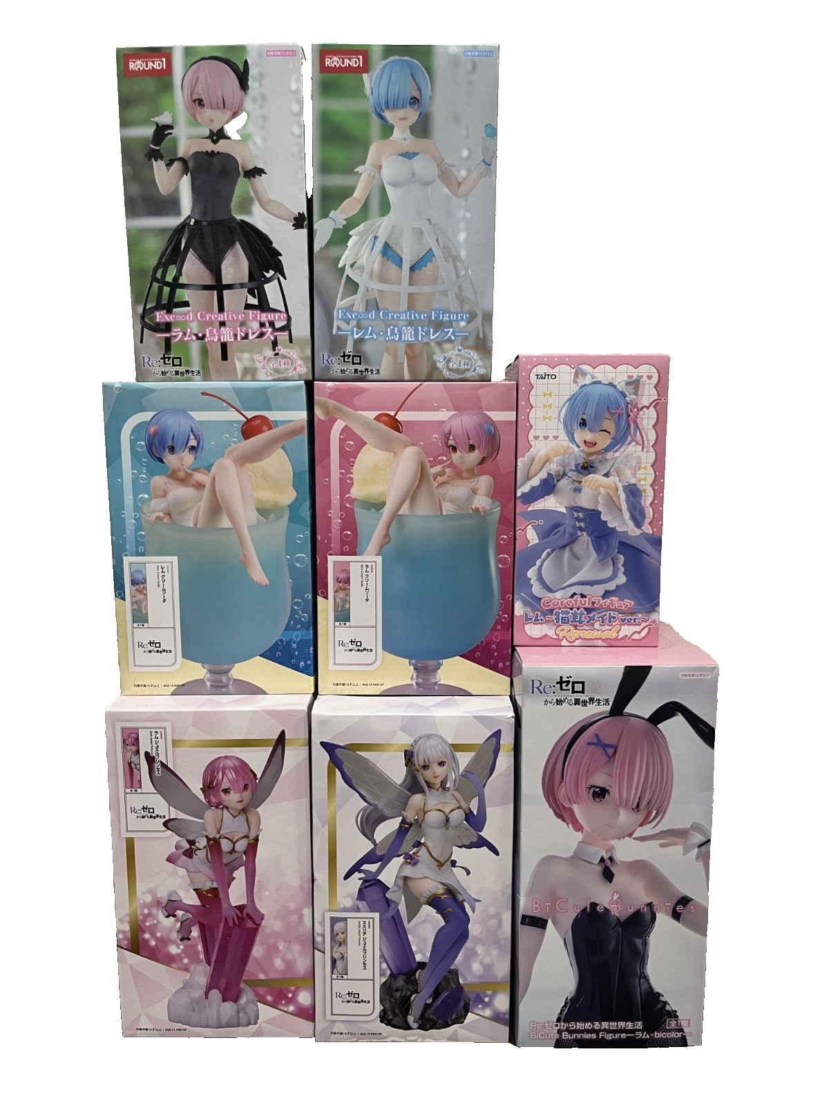 Re:Zero Figure Set of 8 ROUND1 Limited Rem Ram Emilia BiCute Bunnies Bulk Lot