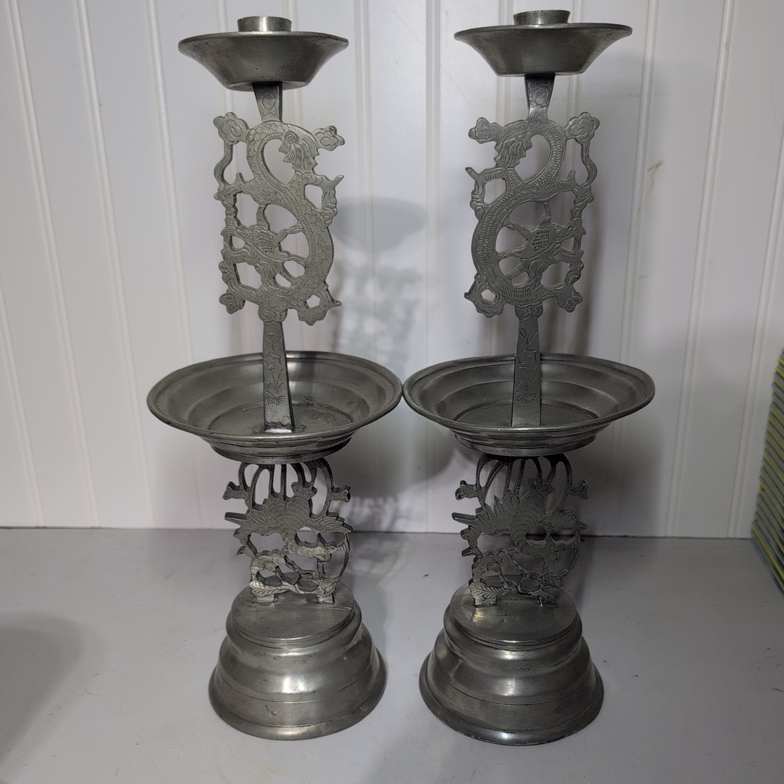 15 inch Vintage Pewter Chinese Candlestick Holders