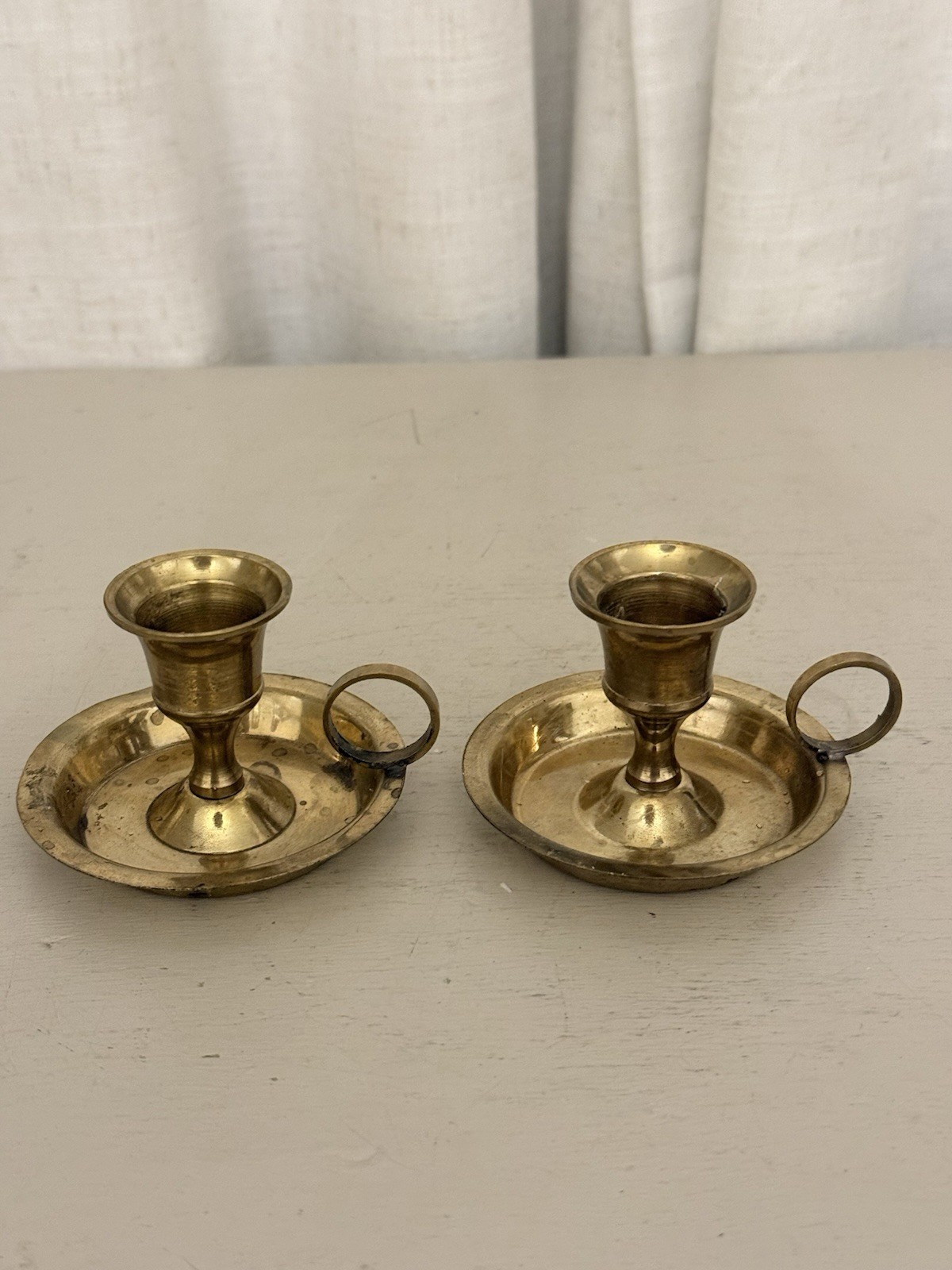 Vintage Brass Miniature Chamberstick Candle Holder Pair 1.5” Hand Crafted India 