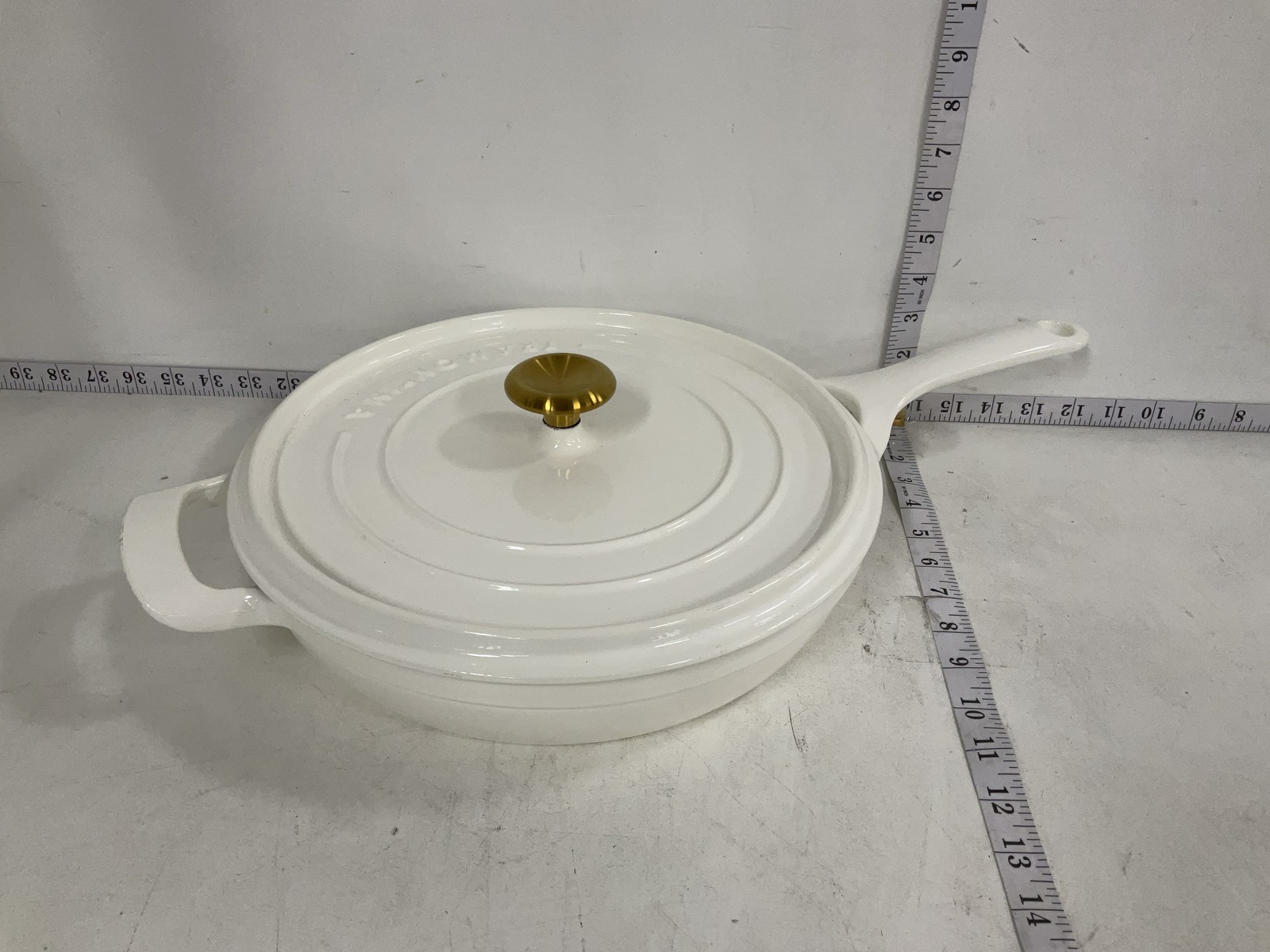 Tramontina 12 Inch Enameled Cast Iron Skillet Pan with Lid White Gold Knob