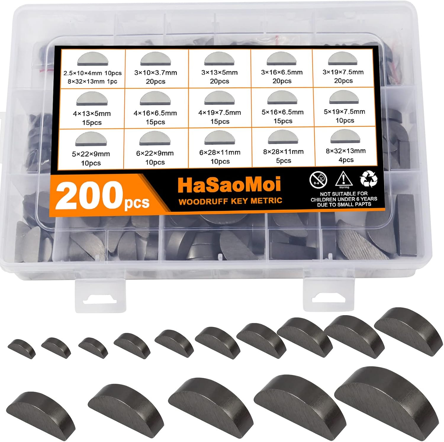 200PCS Metric Stainless Steel 15 Sizes Half Moon Woodruff Key Kit