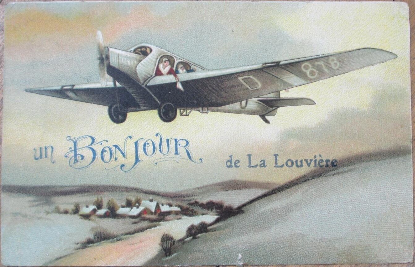 Fantasy Aviation 1928 Art Deco French Postcard, Women in Airplane, Color Litho