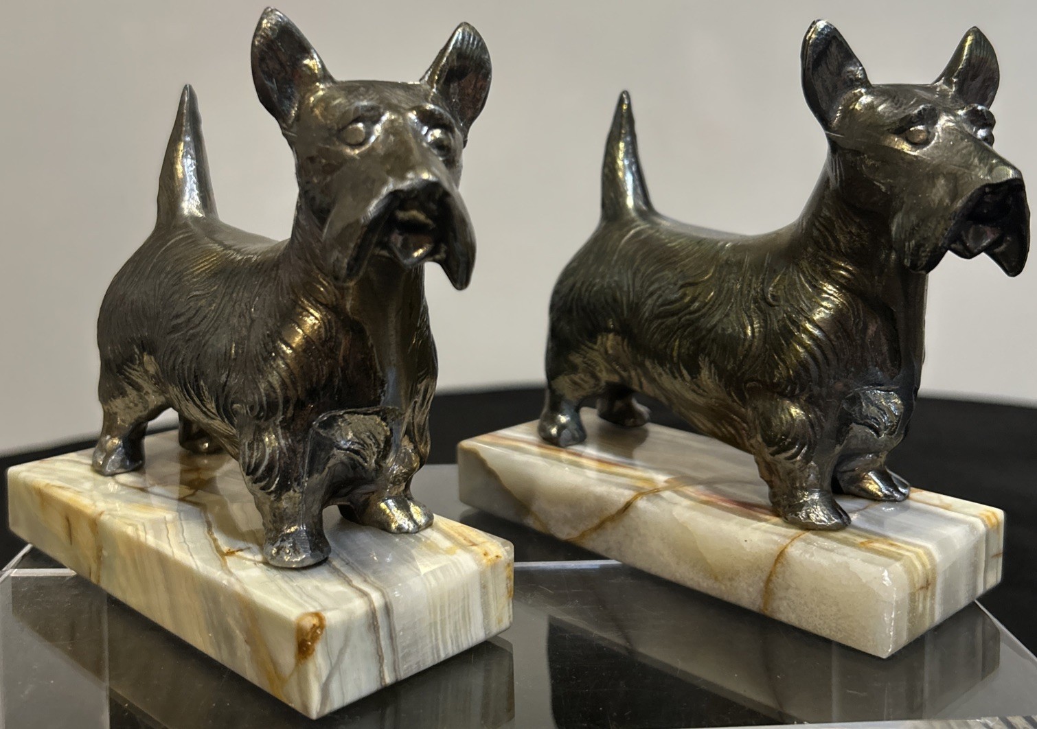 Vintage Scottie Dog Bookends Bronze Or Brass Terrier On Marble Base 5” SET 2