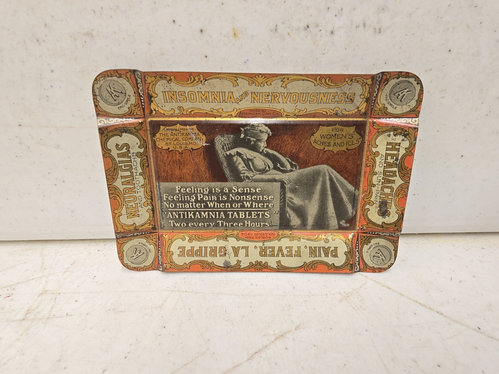 Antique 1904 Worls Fair St Louis Antikamnia Pills American Can Litho Tip Tray