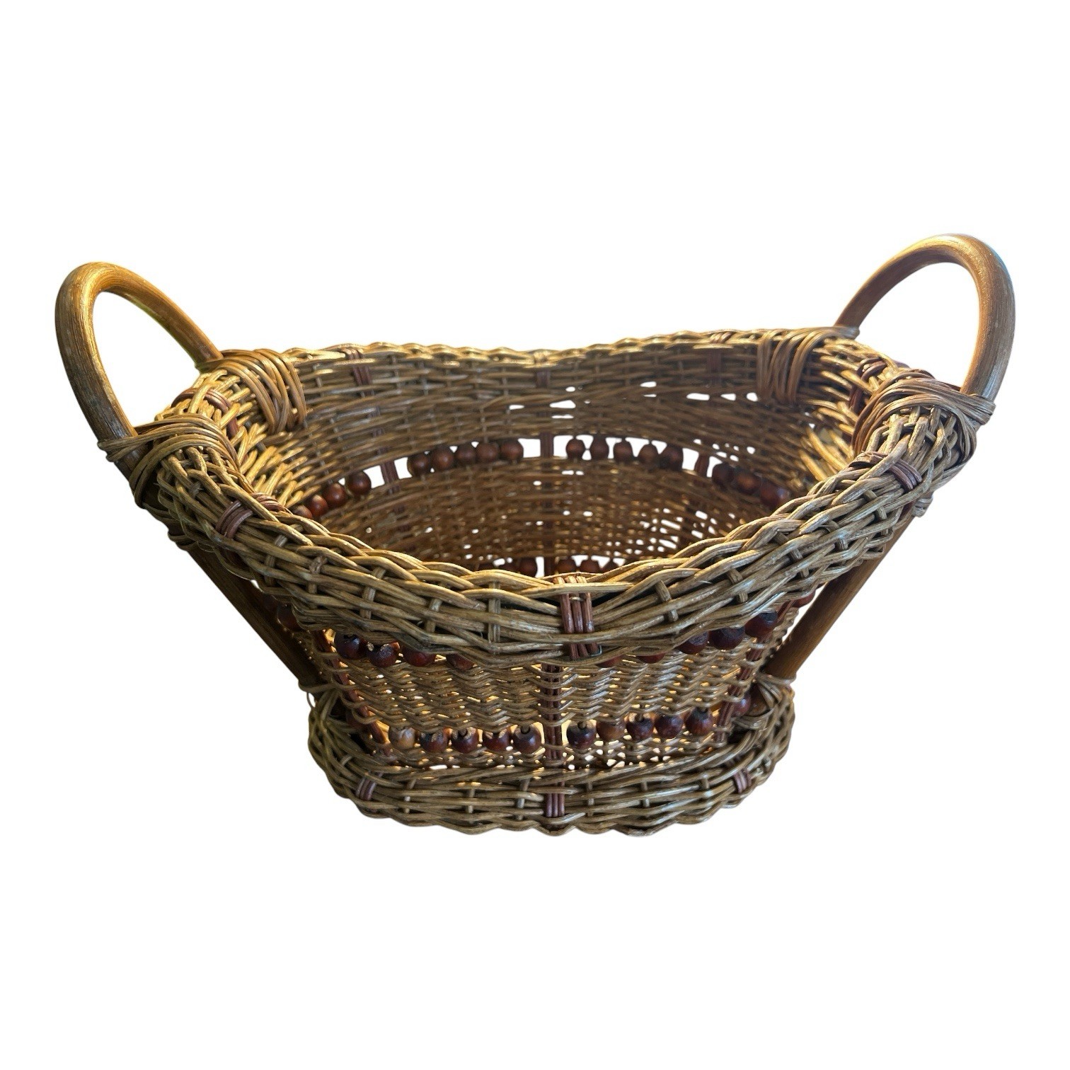 Handwoven VTG Wicker Storage Basket with two handles and wood beads & base 1970s