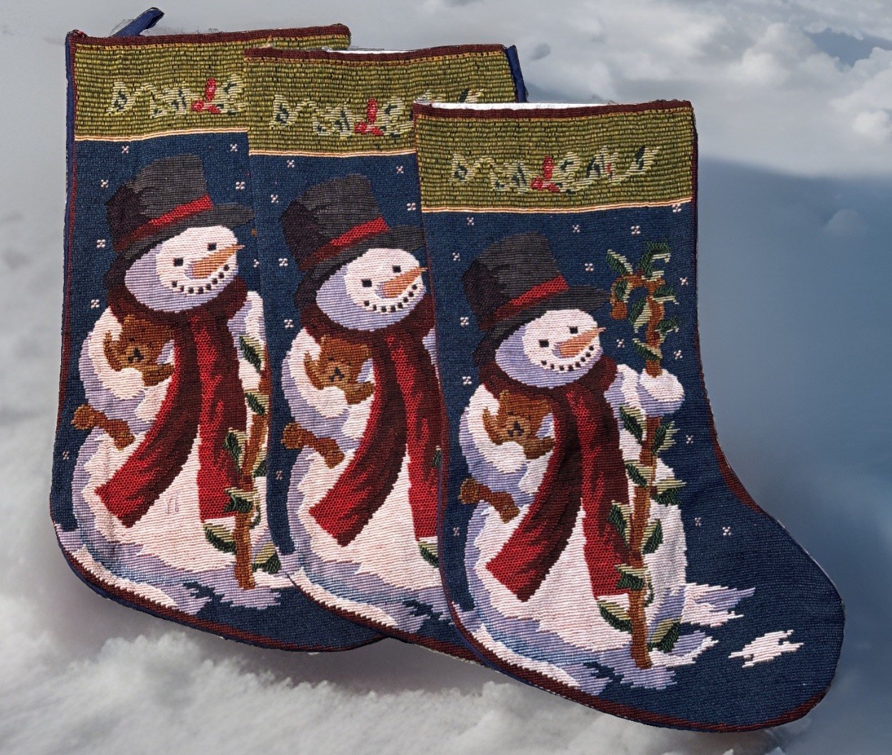 Vintage /memories / old time Christmas Tapestry Snowman Christmas Stocking 