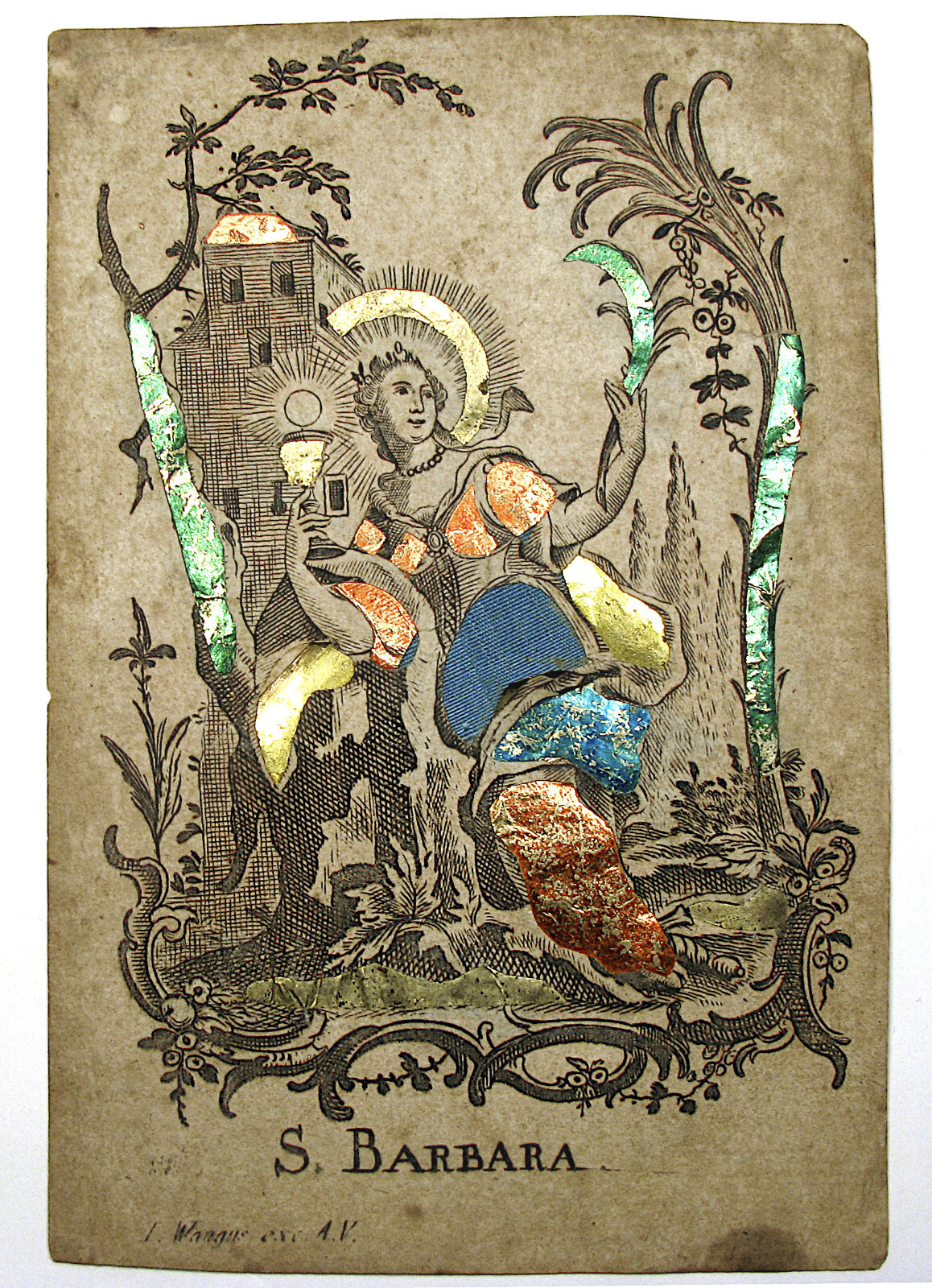 1690s GERMANY ST. BARBARA DEVOTIONAL CARD by ENGRAVER \