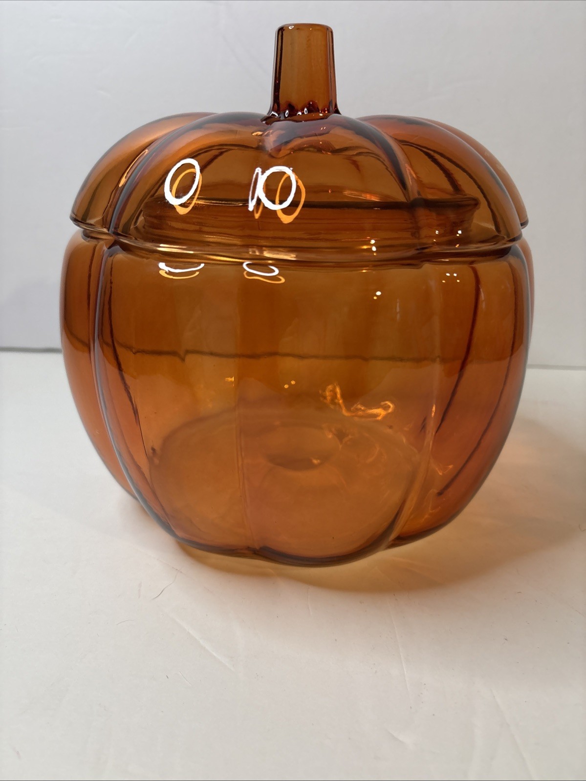 “Vintage Style” Amber Glass Pumpkin Jar/ Detailed Stem Lid 74oz
