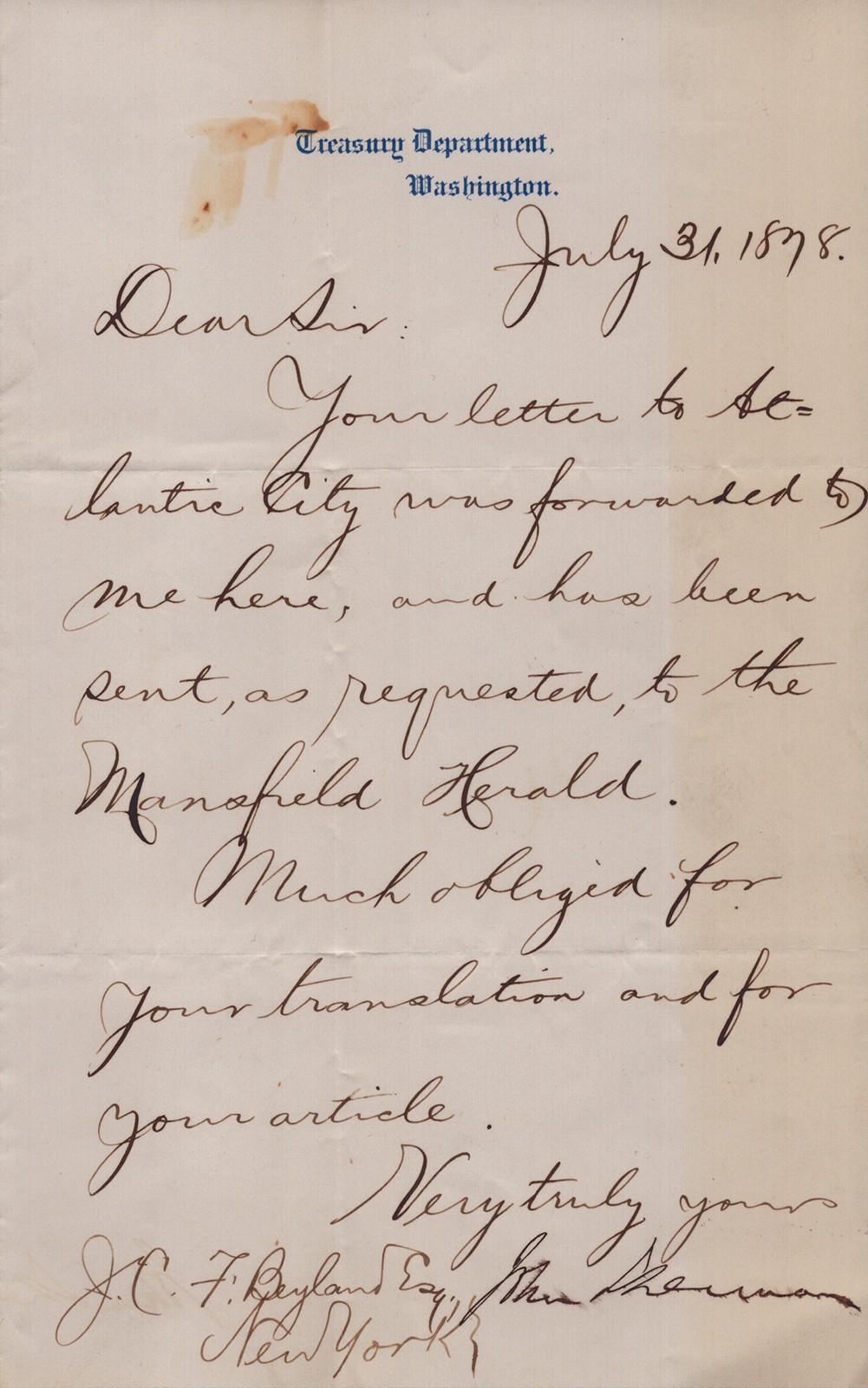 JOHN SHERMAN - AUTOGRAPH LETTER SIGNED 07/31/1878