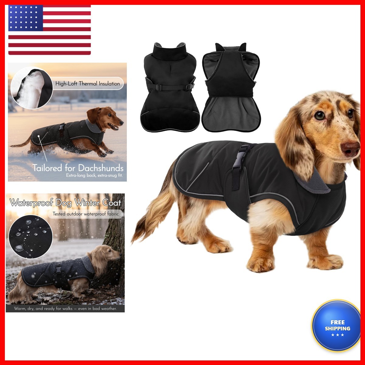 Dachshund Coat Warm Fleece Lining Waterproof Windproof Winter Coat Small Black S