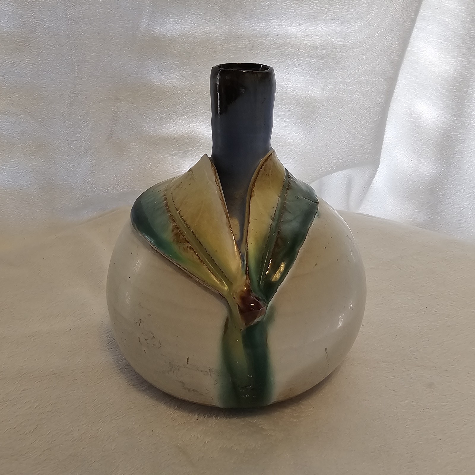 Vintage Studio Art Pottery Bud Vase Cream With Blues Greens Signed SOLD AS IS Vintage Studio Art Pottery Bud Vase Cream With Blues Greens Signed SOLD AS IS
