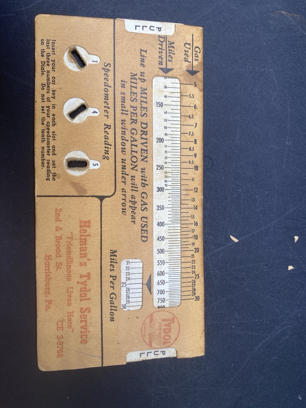 Vintage Speed O Mile Teller MPG Calculator Tydol Flying A Gasoline. Pennsylvania