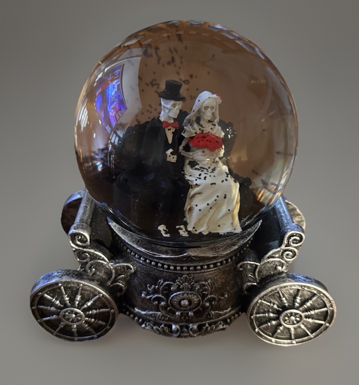 Halloween Skeleton Couple Carriage Black Glitter Globe 7” H 7” W Halloween Decor