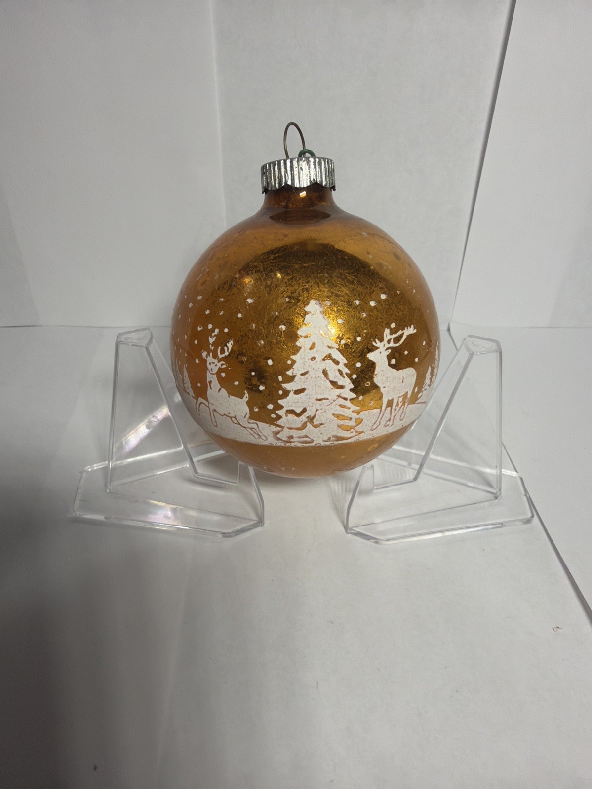 Vintage Shiny Brite Mercury Glass Ornament Gold Reindeer Tree Snow Scene USA
