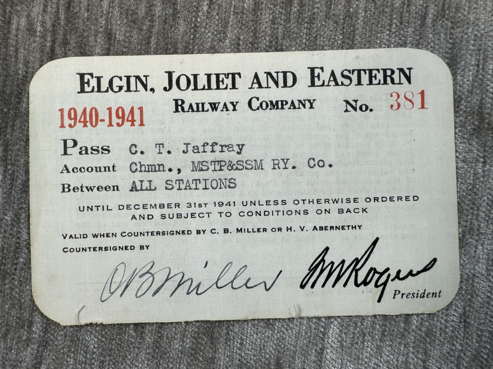 Vintage Elgin Joliet & Eastern Railway Co 1940-1941 Train Pass Card Railroad IL