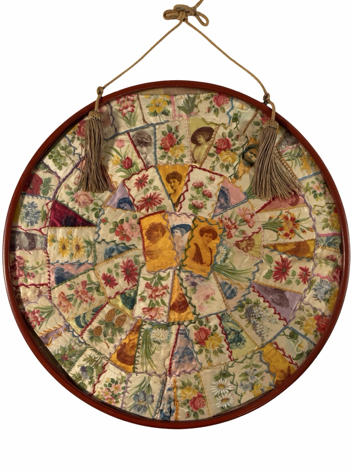 Antique 1910s Tobacco Cigarette Silk Pillow Crazy Quilt Actress Framed Round