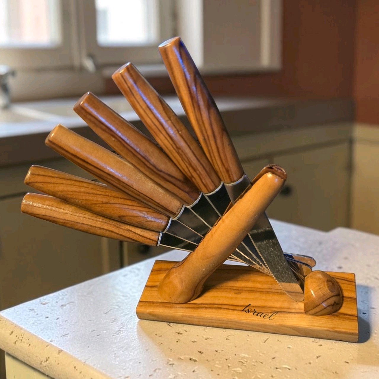 Vtg MCM Fruit Cheese Fan Shaped 6 Wood Knife Stainless Steel Set Stand Israel