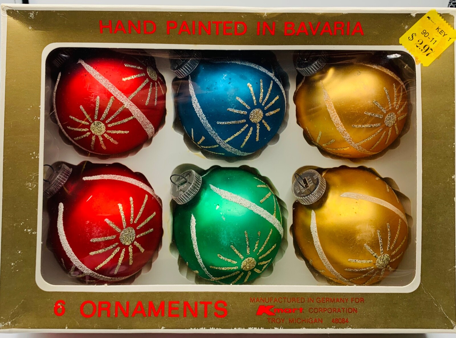 12 Vtg German Stencil Glass Christmas Ornament Handpainted—Starburst Mid Century