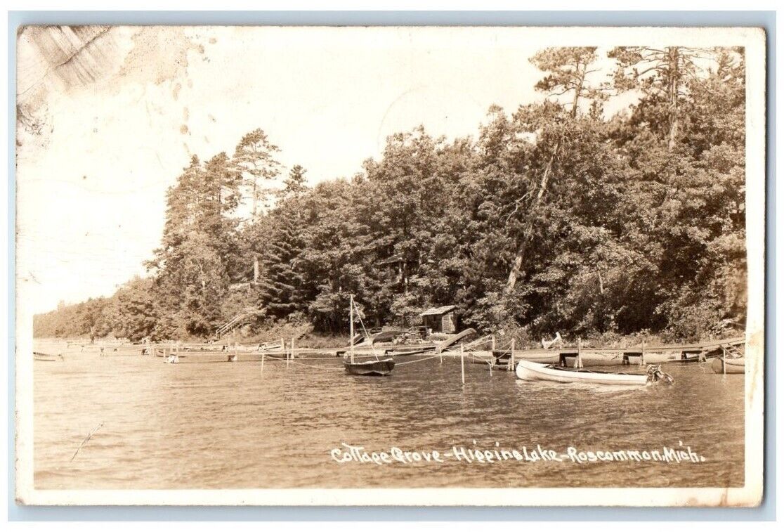 1948 Cottage Grove Higgins Lake Boats View Roscommon MI RPPC Photo Postcard