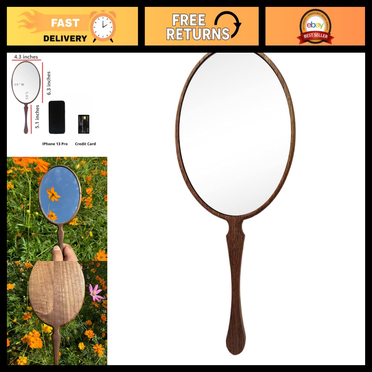 Vintage Handheld Mirror with Handle - Oval Makeup & Shaving Mirror for Home, Sal