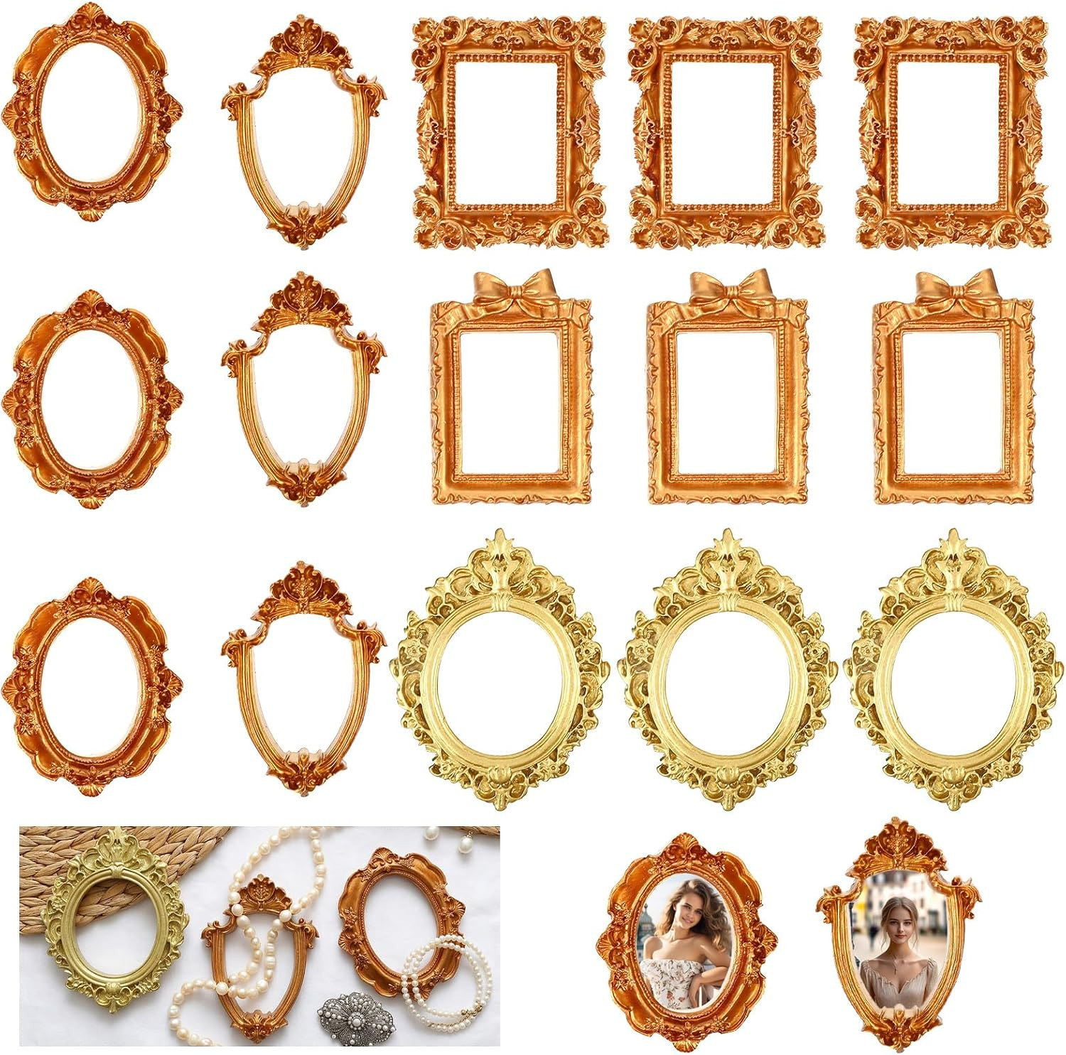 15 PCS Vintage Mini Picture Frames, Gold Picture Frames Resin Tiny