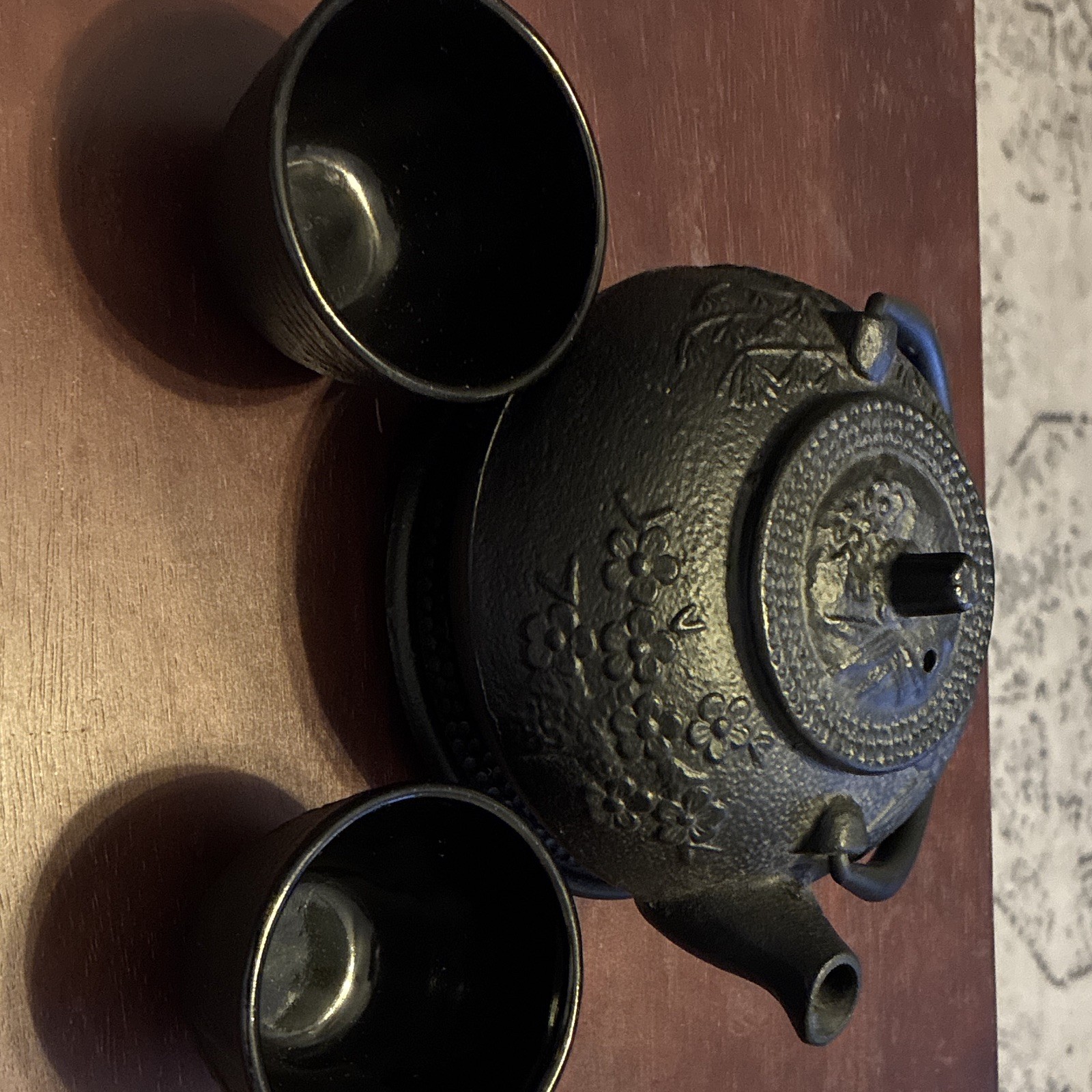 Tetsubin Kettle Vintage Cast Iron Teapot Black 5/PCS 2 Cups Lid Stand Tea Set