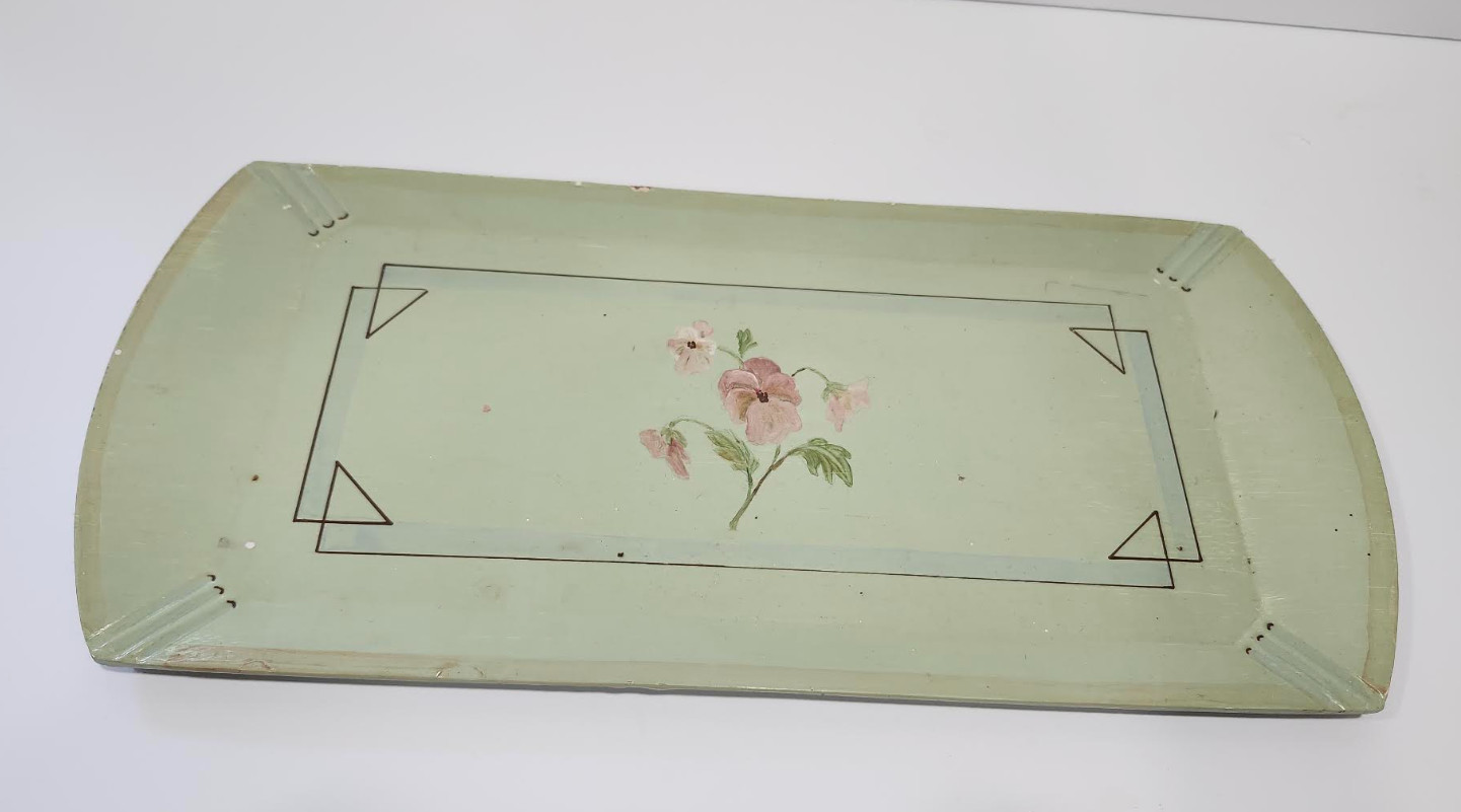 Vintage Style Art Deco Geometric Sage Green Painted Wooden Pansy Vanity Tray
