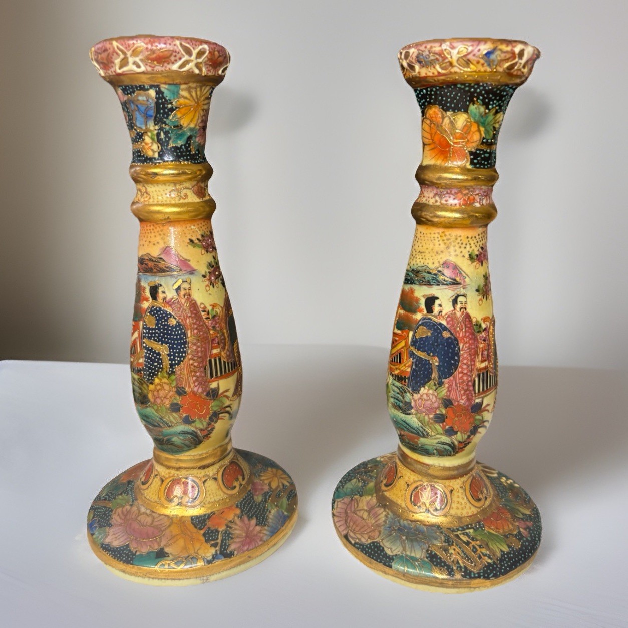 Vintage Royal Satsuma Japanese Hand Painted Porcelain Candle Holders Moriage 2