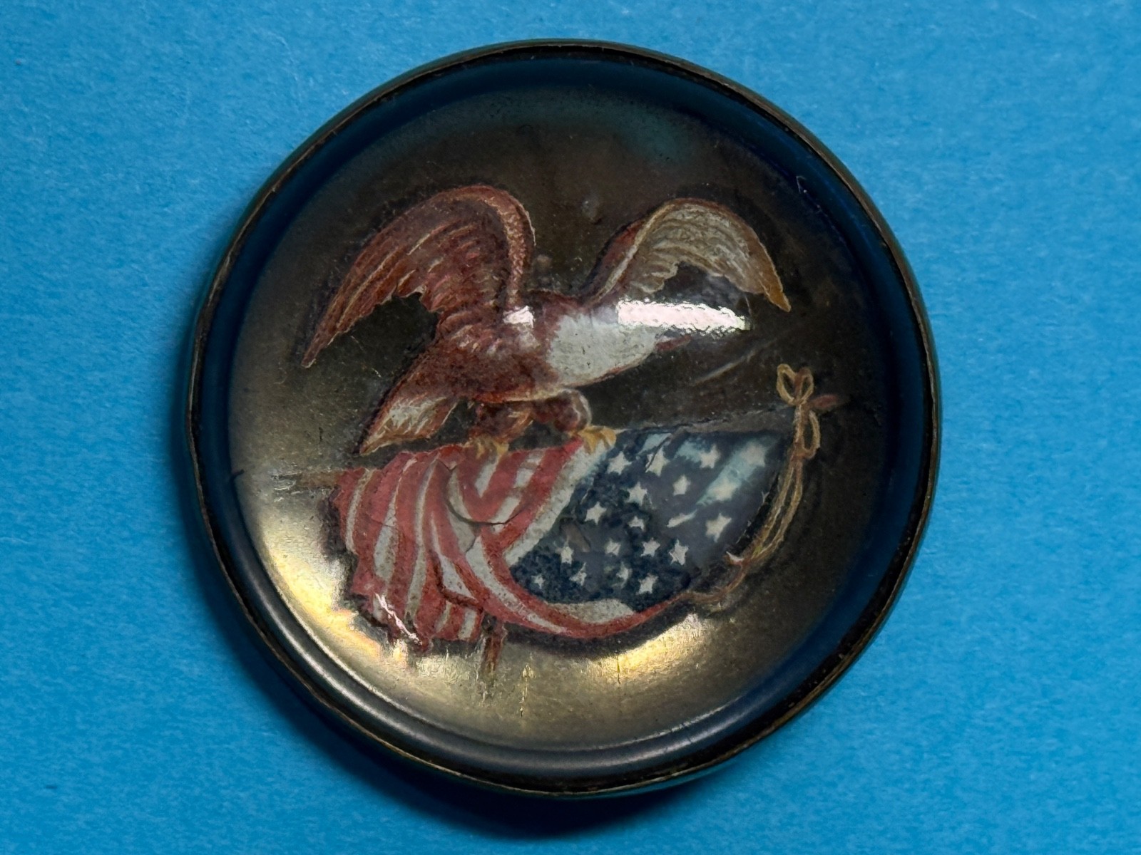 CIVIL WAR, ANTIQUE REVERSE PAINTED GLASS PATRIOTIC PIN, BROOCH, VINTAGE