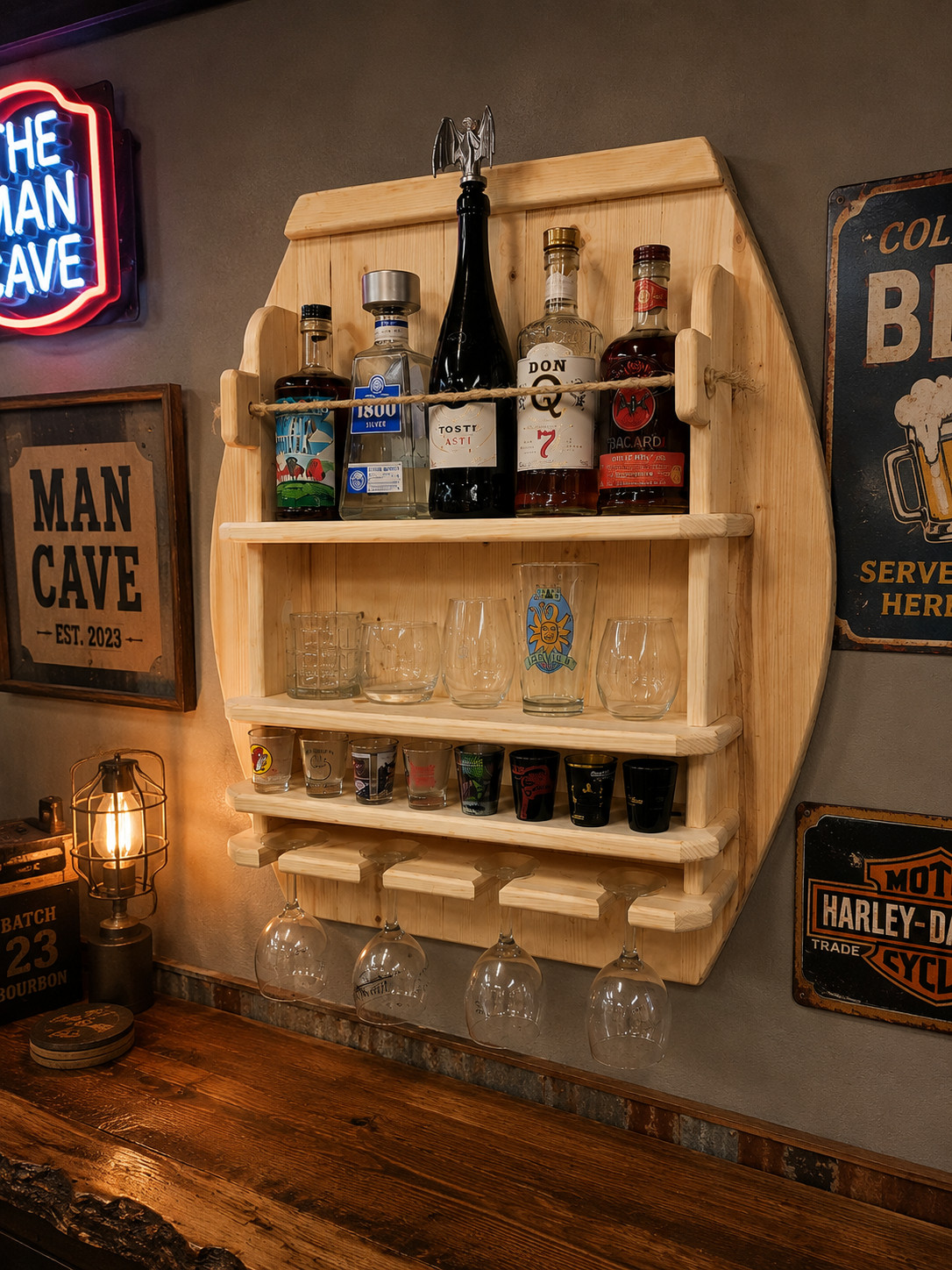 Rustic Wooden Whiskey/Bourbon/Wine Shelf | Wall Mounted Liquor/Wine Display