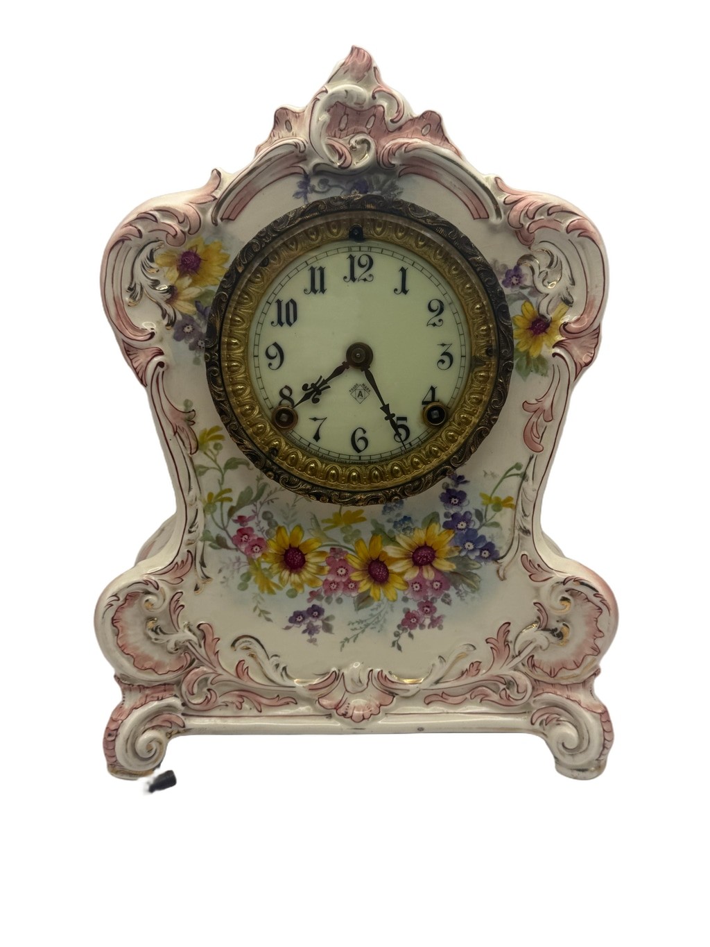 Antique Ansonia Royal Bonn La Clair Porcelain Mantel Clock 8 Day Key Wind Floral