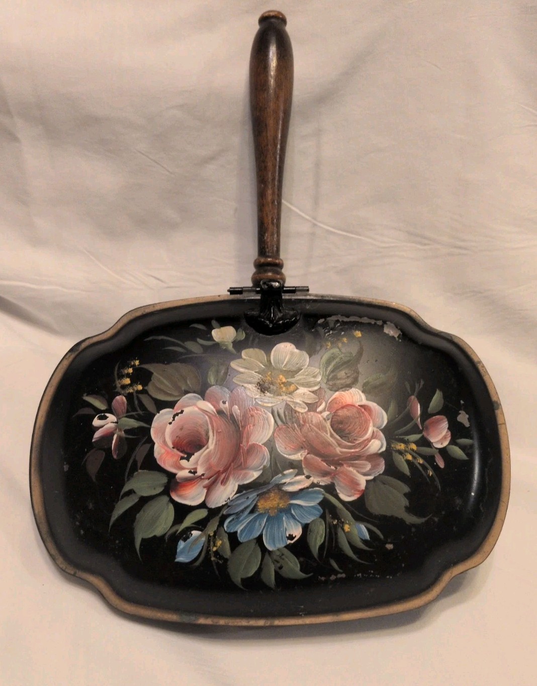 Vintage Nashco Hand Painted Flowers Tole Ware Silent Butler Wood Handle Black Vintage Nashco Hand Painted Flowers Tole Ware Silent Butler Wood Handle Black