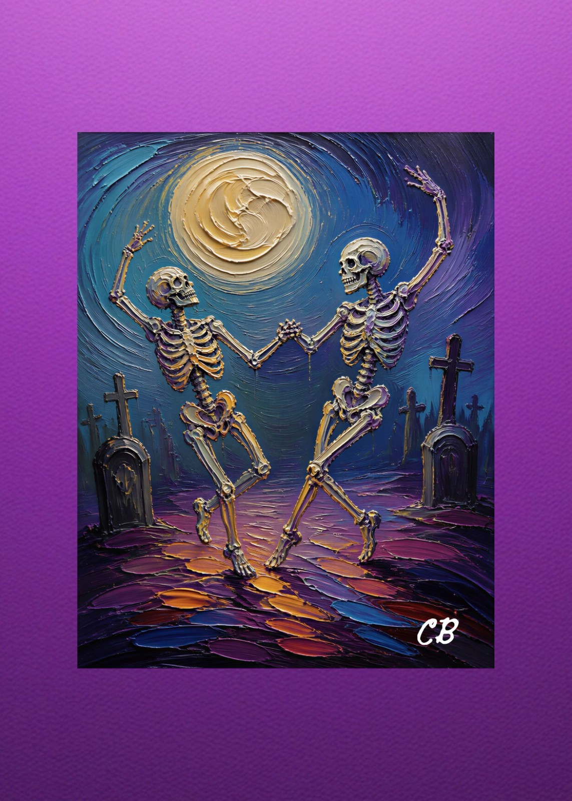 Skeletons Dance Under Full Moon | ACEO Art Card | Halloween