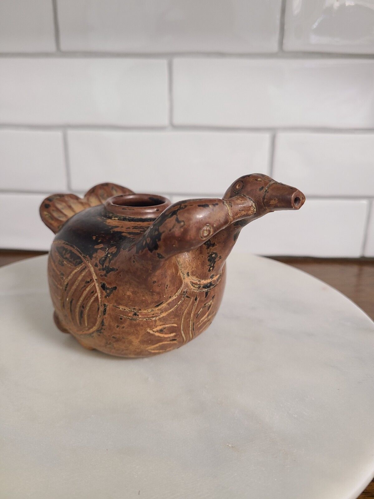 Vintage Primitive Hand Made Kissing Ducks Figurative Terracotta Vessel 6”L x 4”H