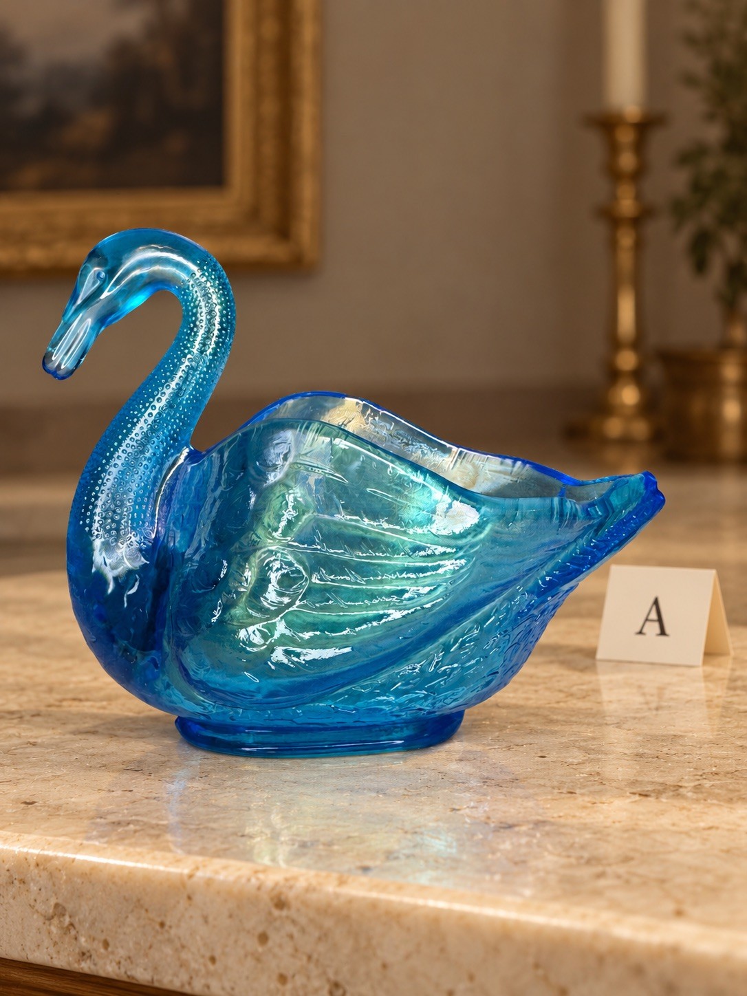 Vintage Dugan Celeste Blue Carnival Glass Swan Open Salt Dish