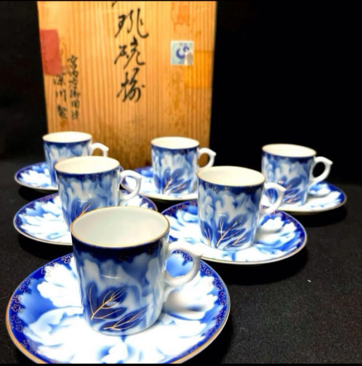 Fukagawa Seiji Demitasse Cup Saucer Set 6 Peony Gold Mill Cobalt Box Arita Japan