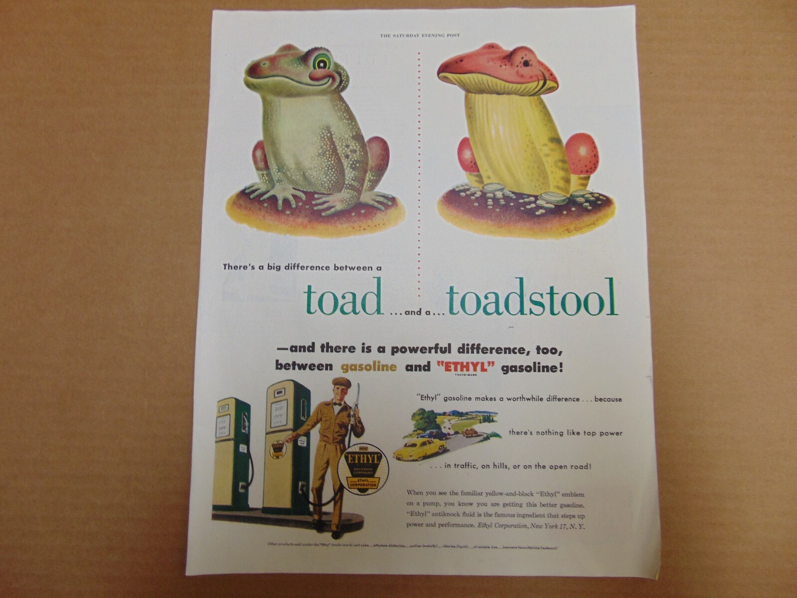 1951 ETHYL GASOLINE TOAD and A TOADSTOOL vintage art print ad