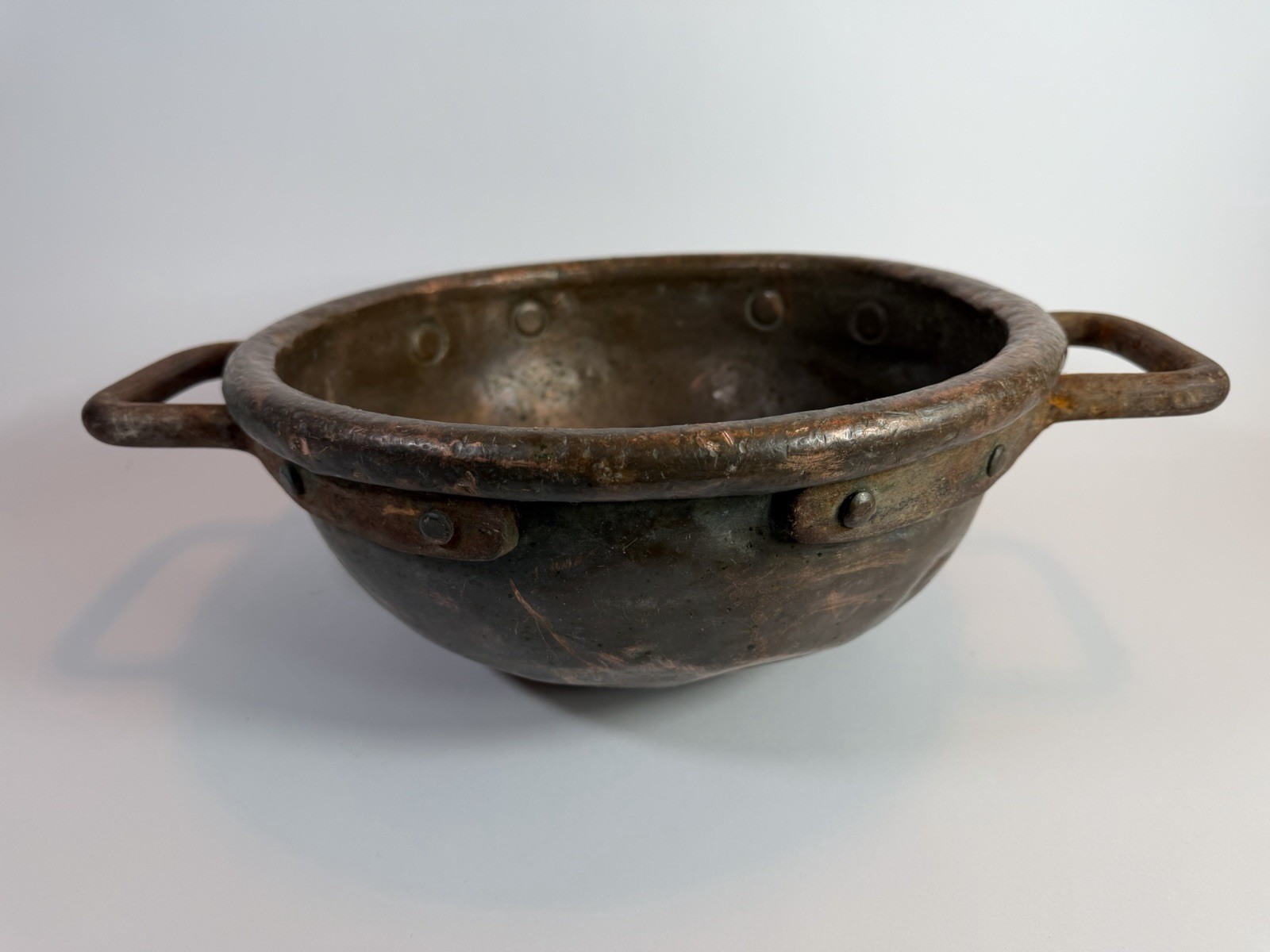 Antique Copper Cauldron Kettle 1800s Riveted Iron Handles Primitive 16 Lb