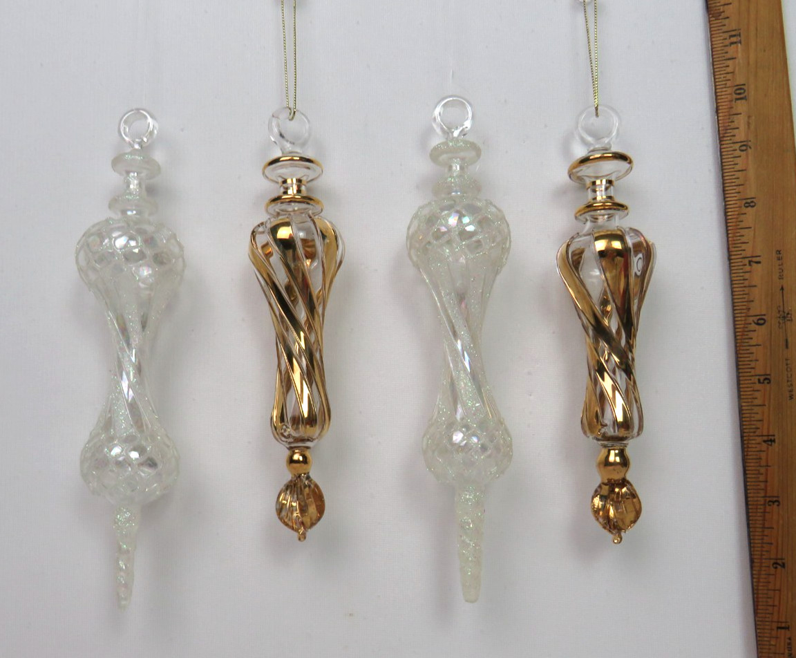 4 VTG GLASS SPIRE CHRISTMAS ORNAMENTS 8 1/4\