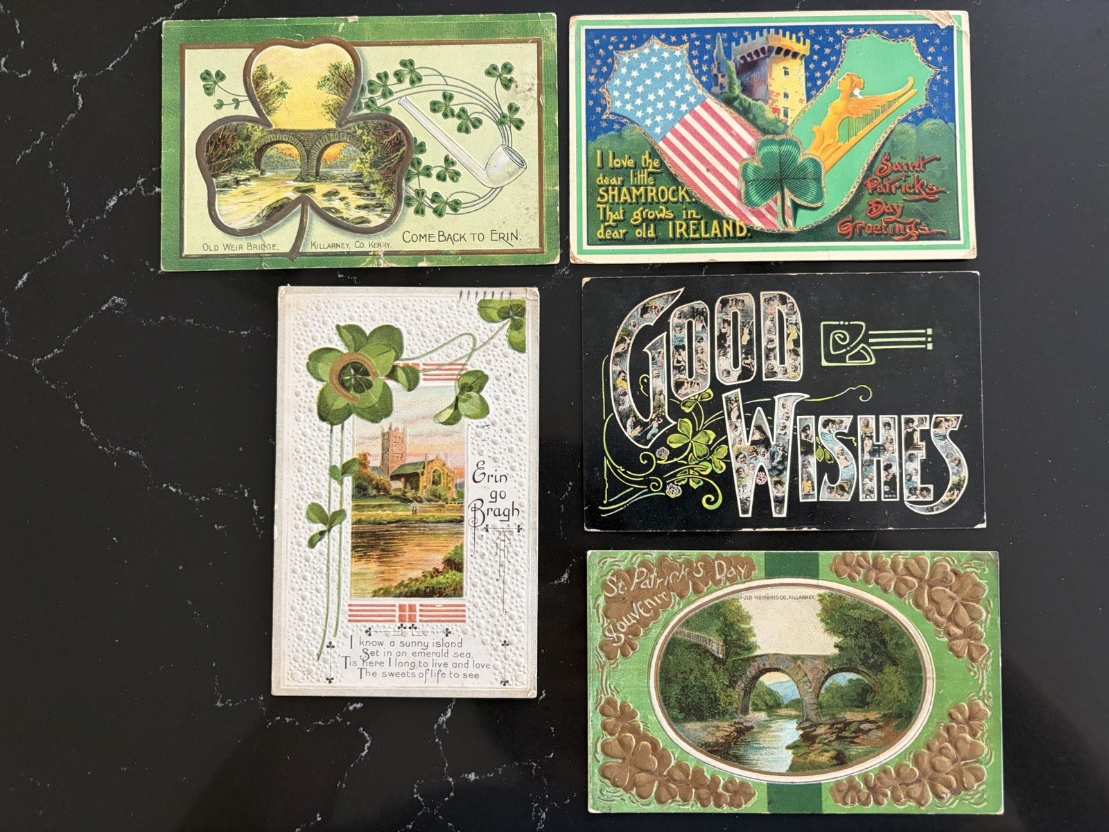 5 Antique St Patrick’s Day Postcards Embossed Ireland Shamrock Killarney c1910s