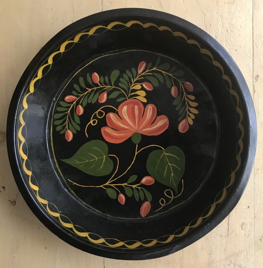 Vintage Hand‑Painted Toleware Metal Bowl – Folk Art Floral – 13½