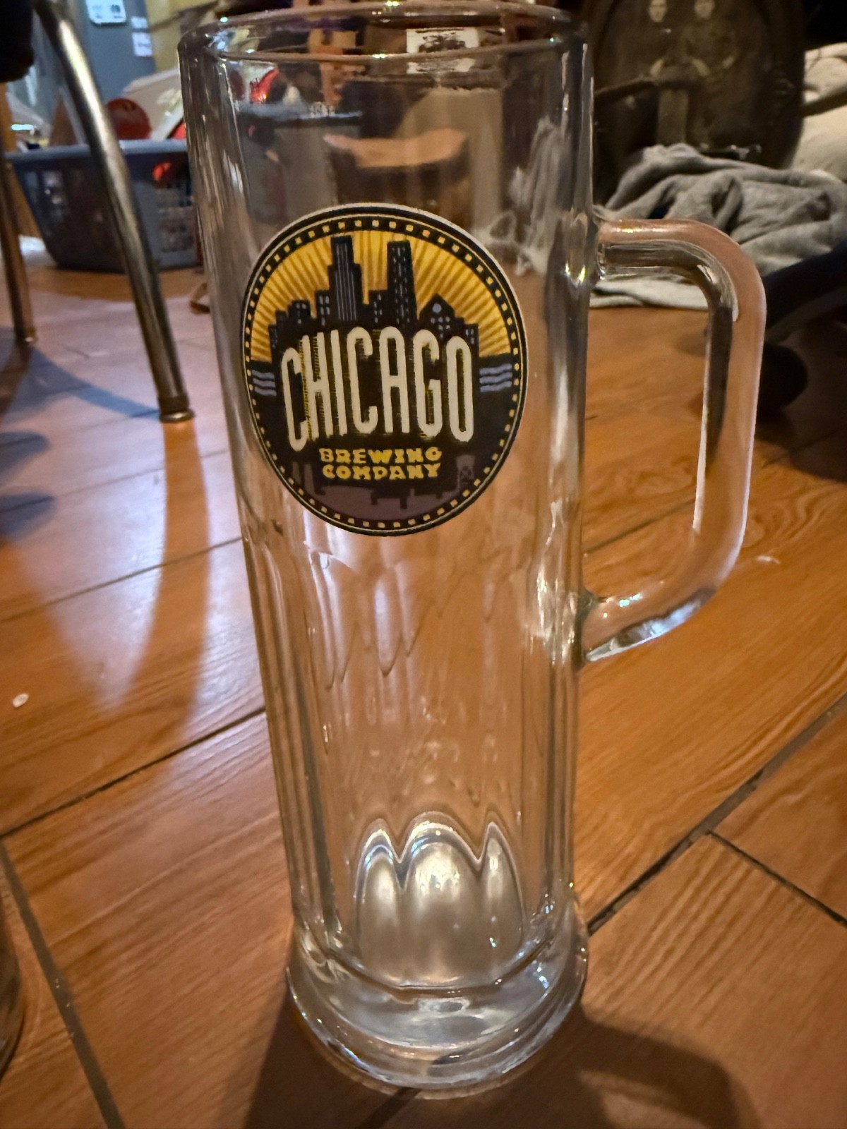 ⁠Vintage Chicago Brewing Company Glass Beer Mug Stein Handled Barware Brewery Lo