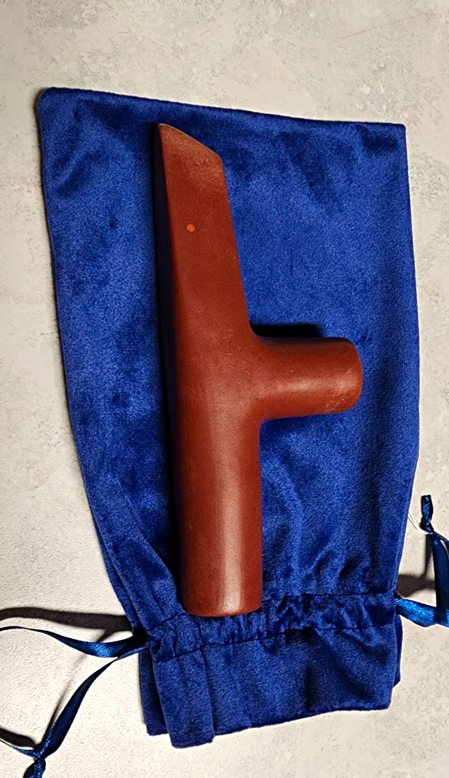Alan Monroe Ceremonial Catlinite T-Shape Tobacco Pipe, Red Handmade, Blue Pouch