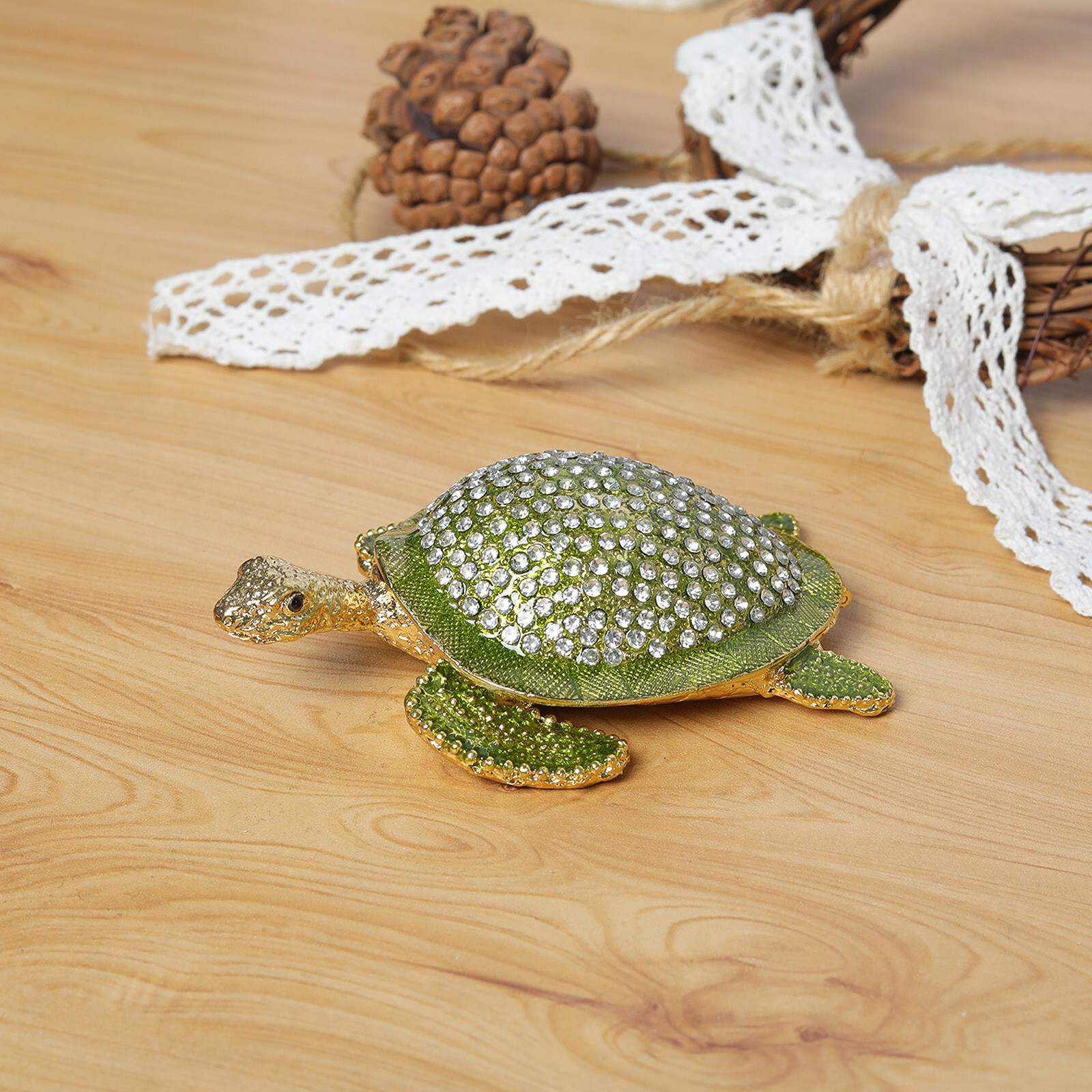 Green Turtle Trinket Box Hinged Rhinestone Jeweled Color Enamel Ring Box Gift