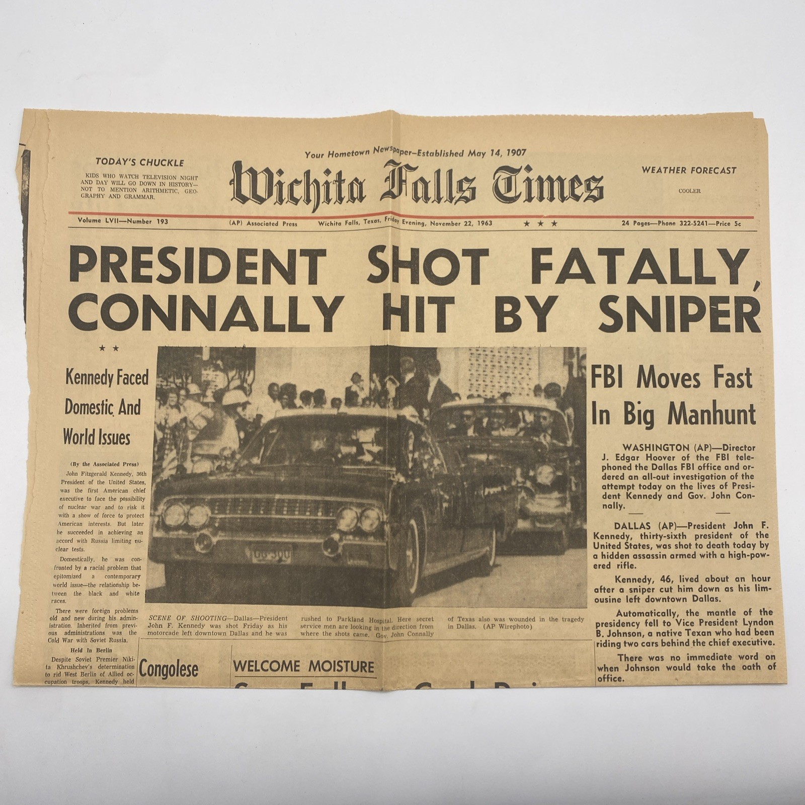 Vintage Wichita Falls Times JFK Texas Newspaper November 22 1963 Front Page Only Vintage Wichita Falls Times JFK Texas Newspaper November 22 1963 Front Page Only
