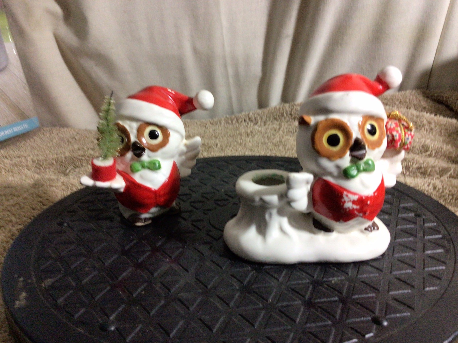 Vtg Set of 2 Napco Ware CHRISTMAS OWL Japan Taper Candle Holder pre-owned