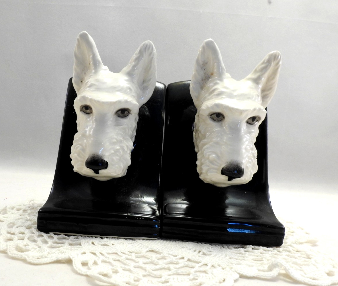 Estate Czech Ruwa Black with White Scottie Scottish Terrier Ceramic Bookends