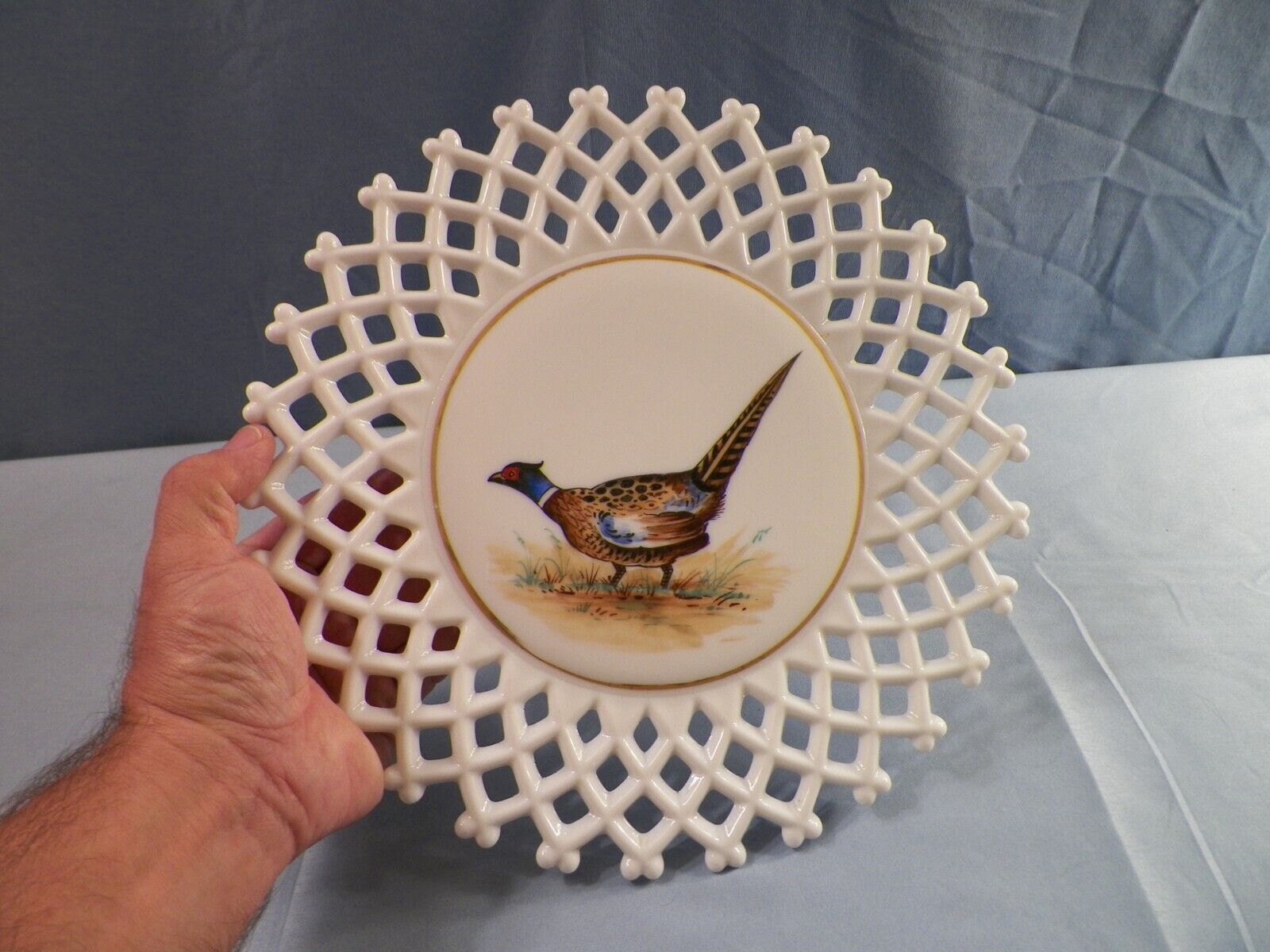 Westmoreland LATTICE EDGE Milk Glass Plate Ringneck Pheasant Decoration INV3