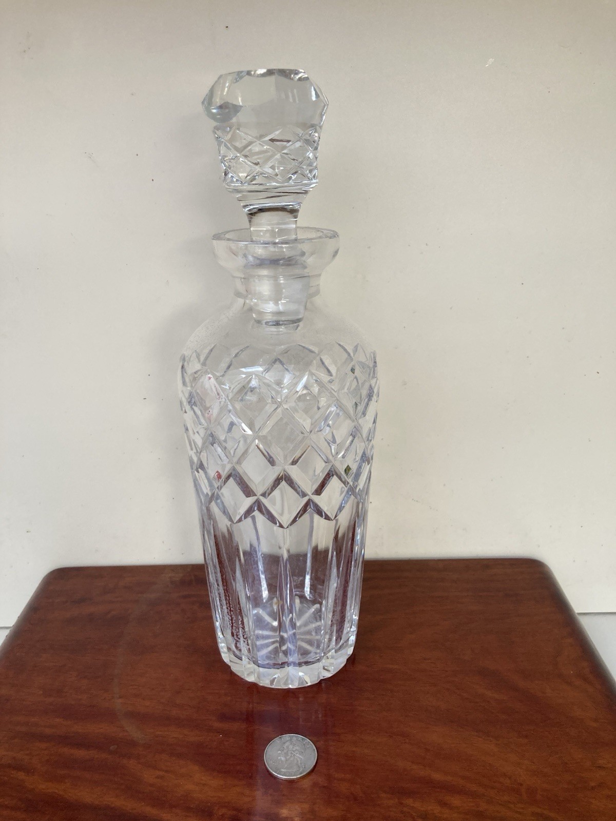 Vtg Crystal Wine Whisky Decanter Diamond Crosshatch Pattern Faceted Stopper 11”